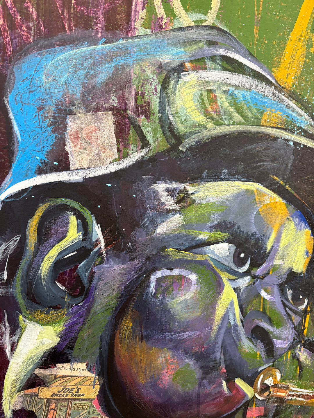 Figurative portrait black man playing trumpet music expressive dripping paint tin yellow purple and green text mixed media