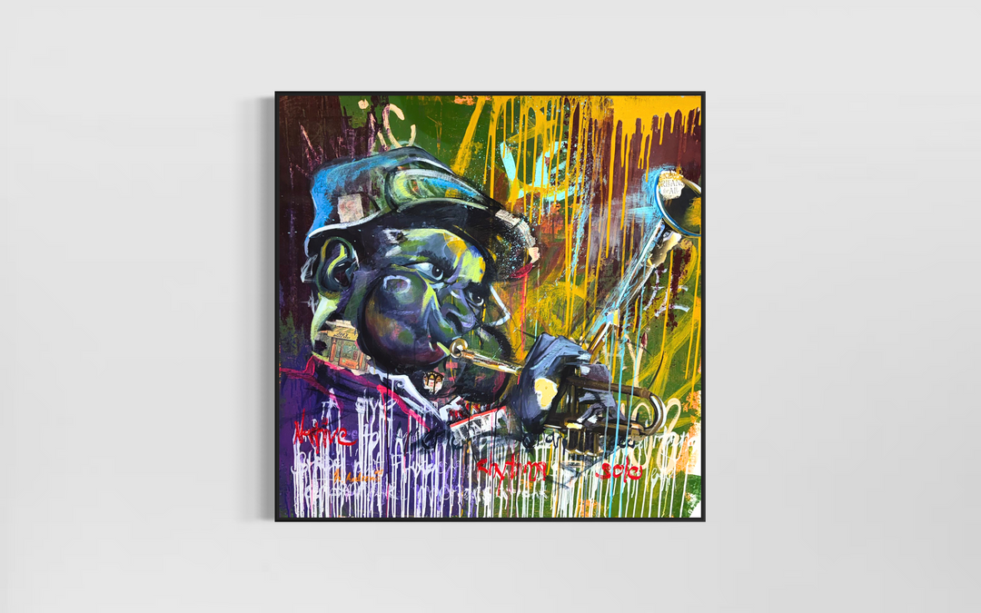 Figurative portrait black man playing trumpet music expressive dripping paint tin yellow purple and green text mixed media