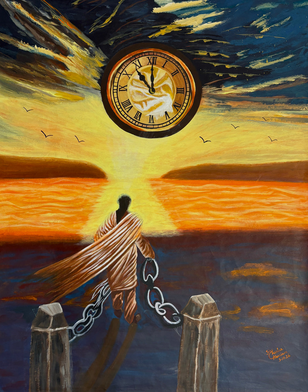 figure man breaking free chains clock sunset and ocean in orange and blues dark acrylic paint 