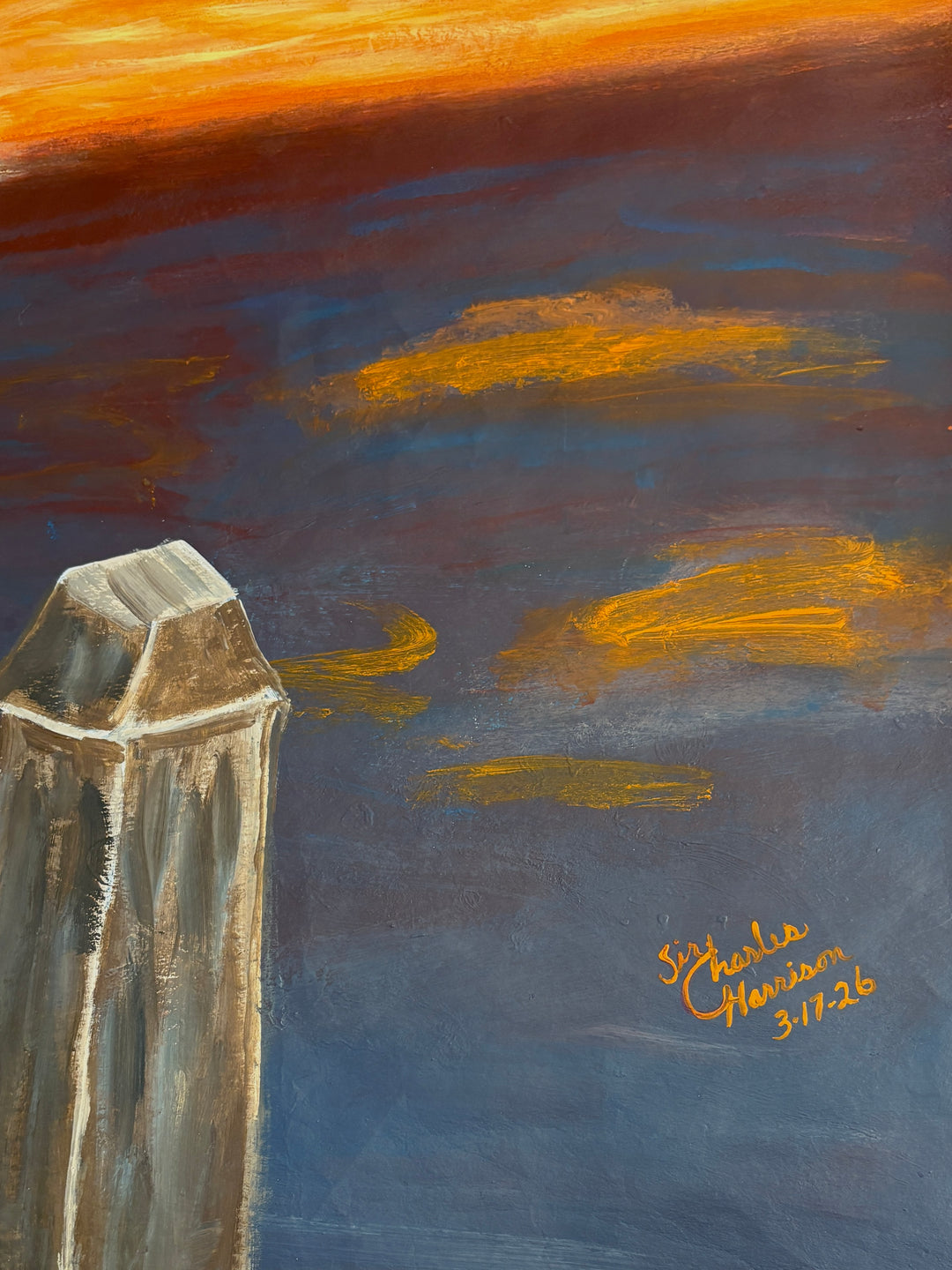 figure man breaking free chains clock sunset and ocean in orange and blues dark acrylic paint 