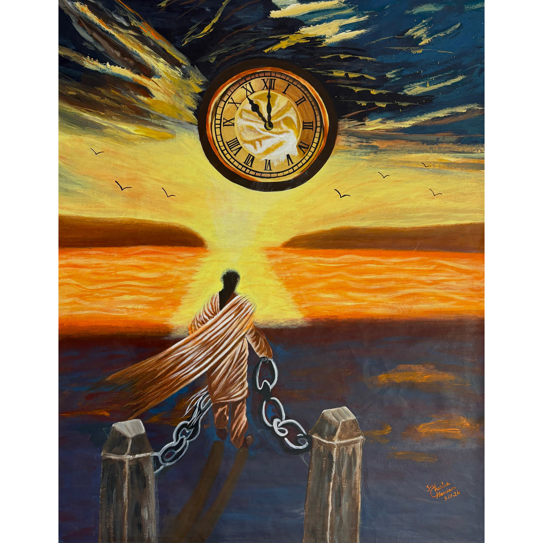 figure man breaking free chains clock sunset and ocean in orange and blues dark acrylic paint 