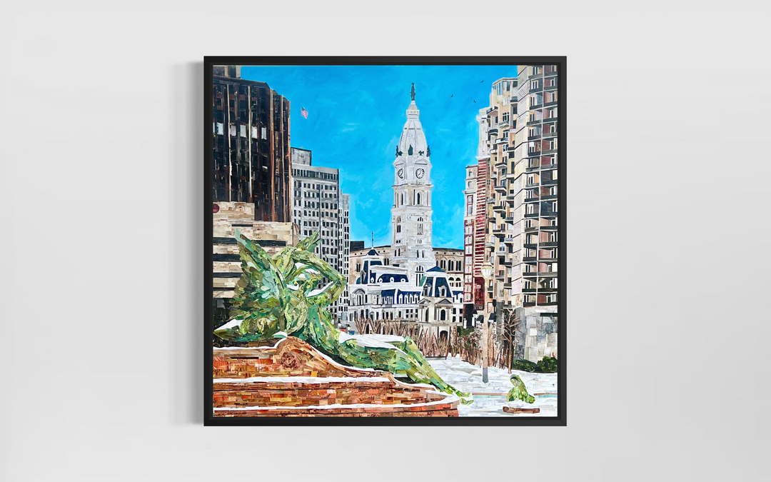 mixed media cut paper collage with magazine acrylic paint texture city hall philadelphia logan square travel landmark landscape urban