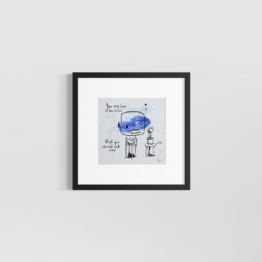 Comic doodle illustration in ink with blue eyes white background line drawing figures funny humor  flower