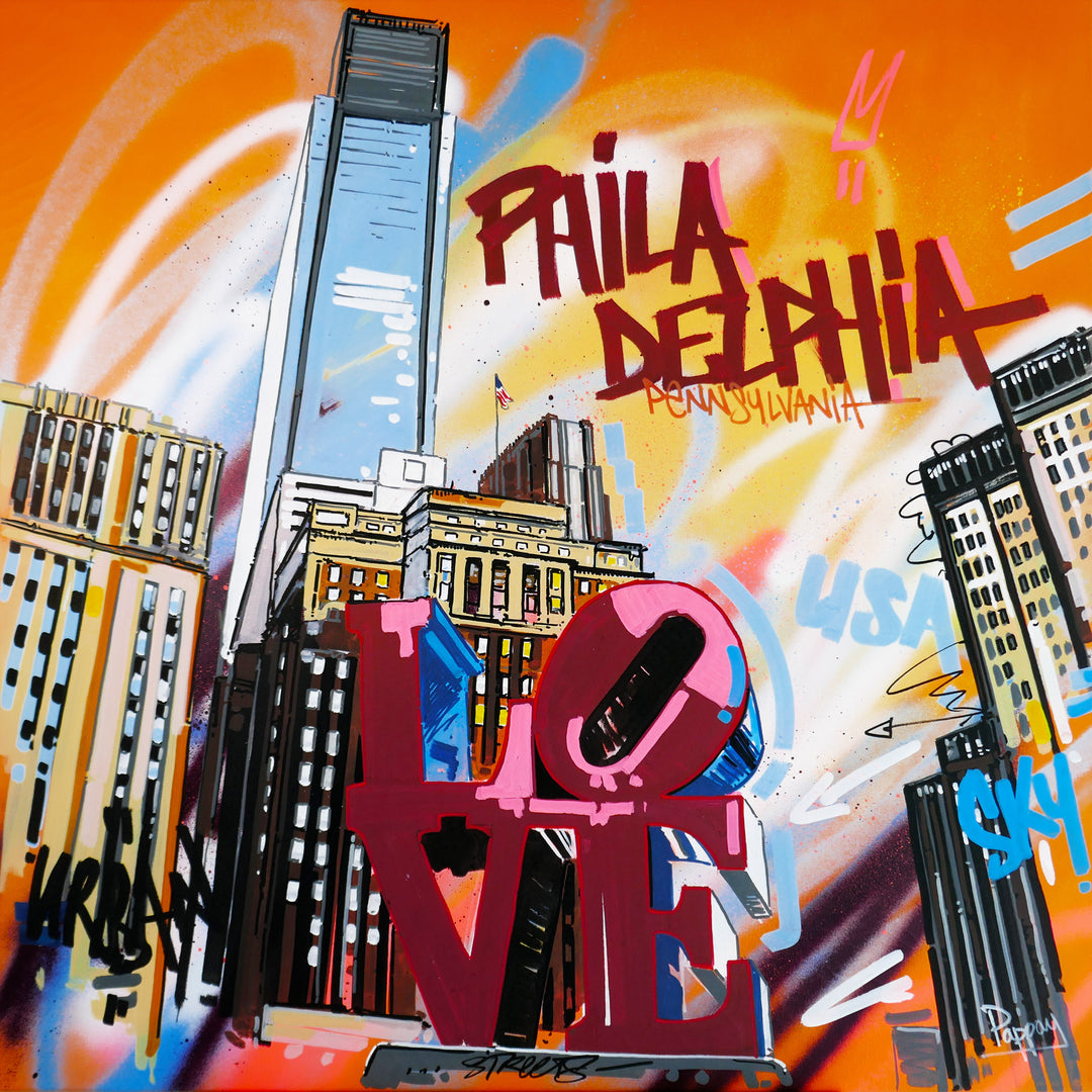LOVE philadelphia pennsylvania sight seeing urban landscape city buildings illustration graffiti graphic acrlyic and marker 