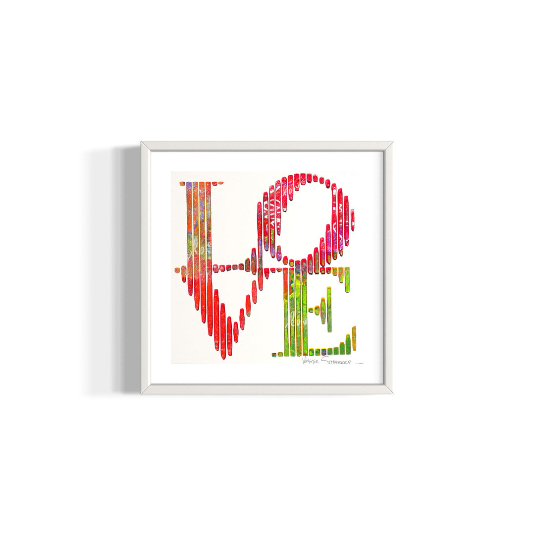 14"x14" acrylic and oil paint on canvas board image of the word LOVE. 