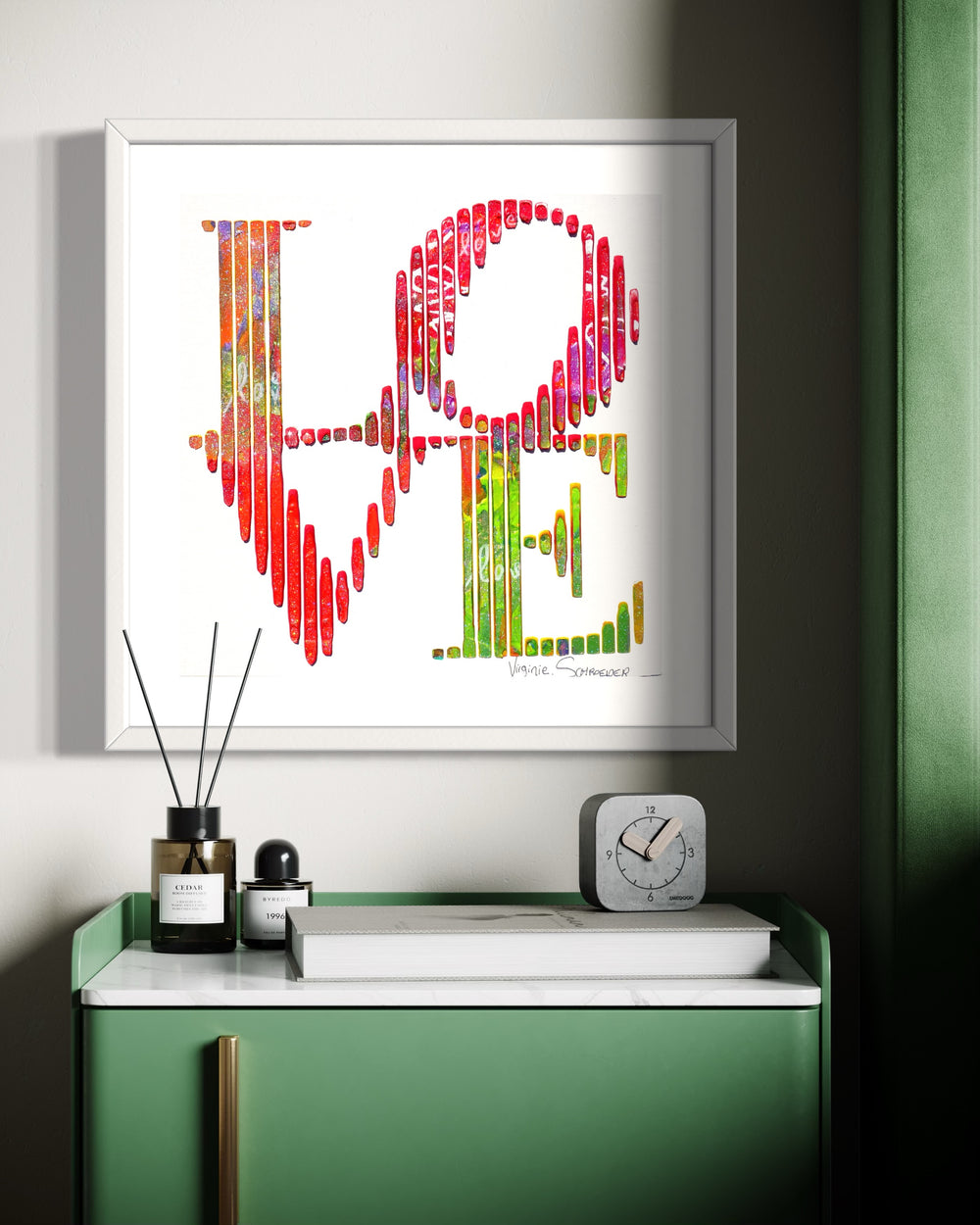 14"x14" acrylic and oil paint on canvas board image of the word LOVE. 