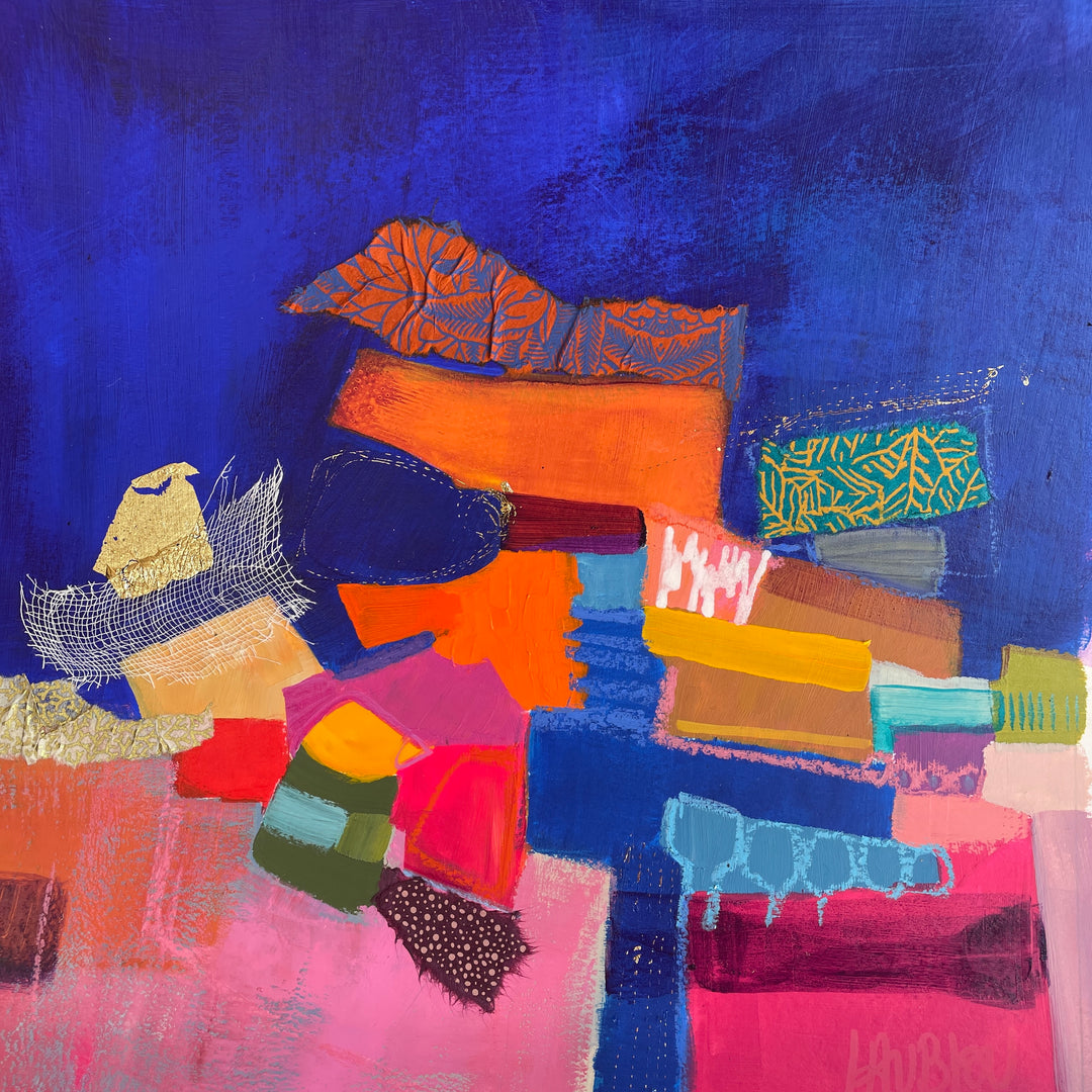 pile stack abstract composition collage of shapes colors pink orange in fabric acrylic paint graphite pastel patterns net on dark blue washy background