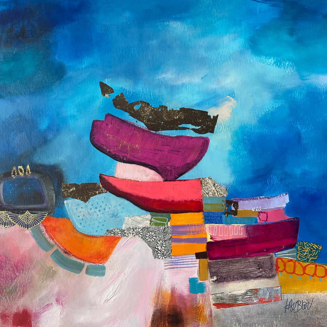 blue cloudy acrylic painting with cut paper shapes and fabric with doodle and foil