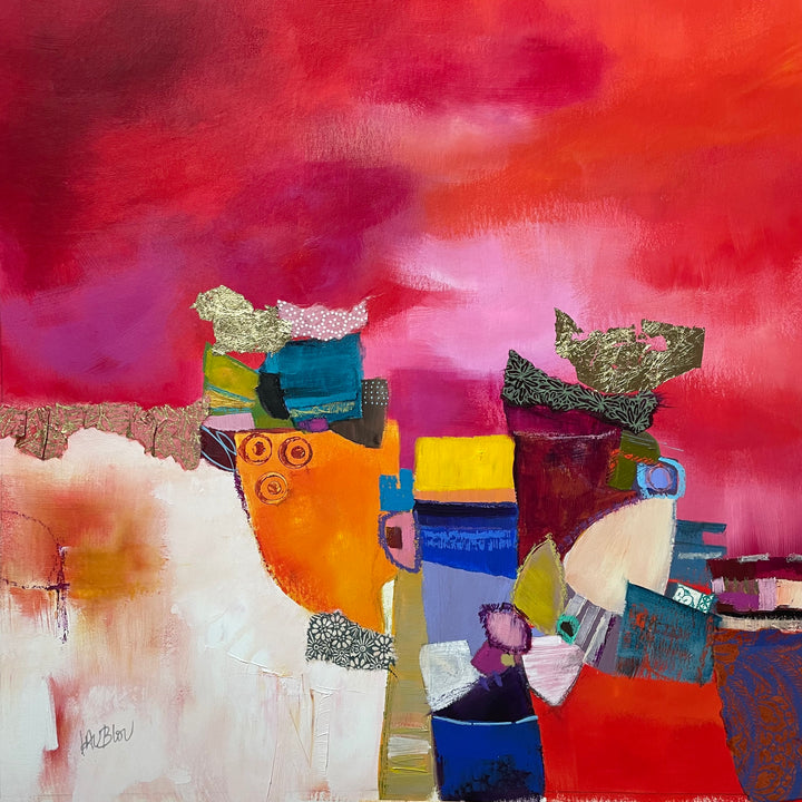 Red, Pink, Orange, Ombre, Landscape, Abstract, Mixed Media