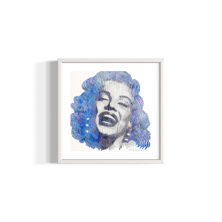 Marilyn Monroe female portrait in blue vertical lines optical illusion on white background