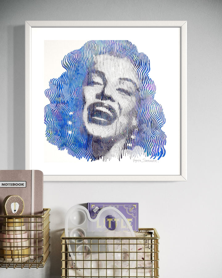 Marilyn Monroe female portrait in blue vertical lines optical illusion on white background