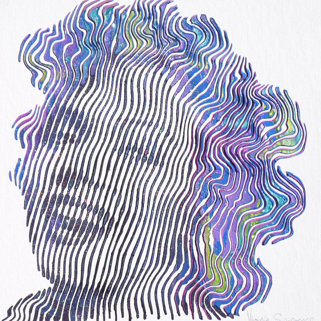 Marilyn Monroe smiling portrait figurative woman in blue green and purple vertical and squiggly lines on white background