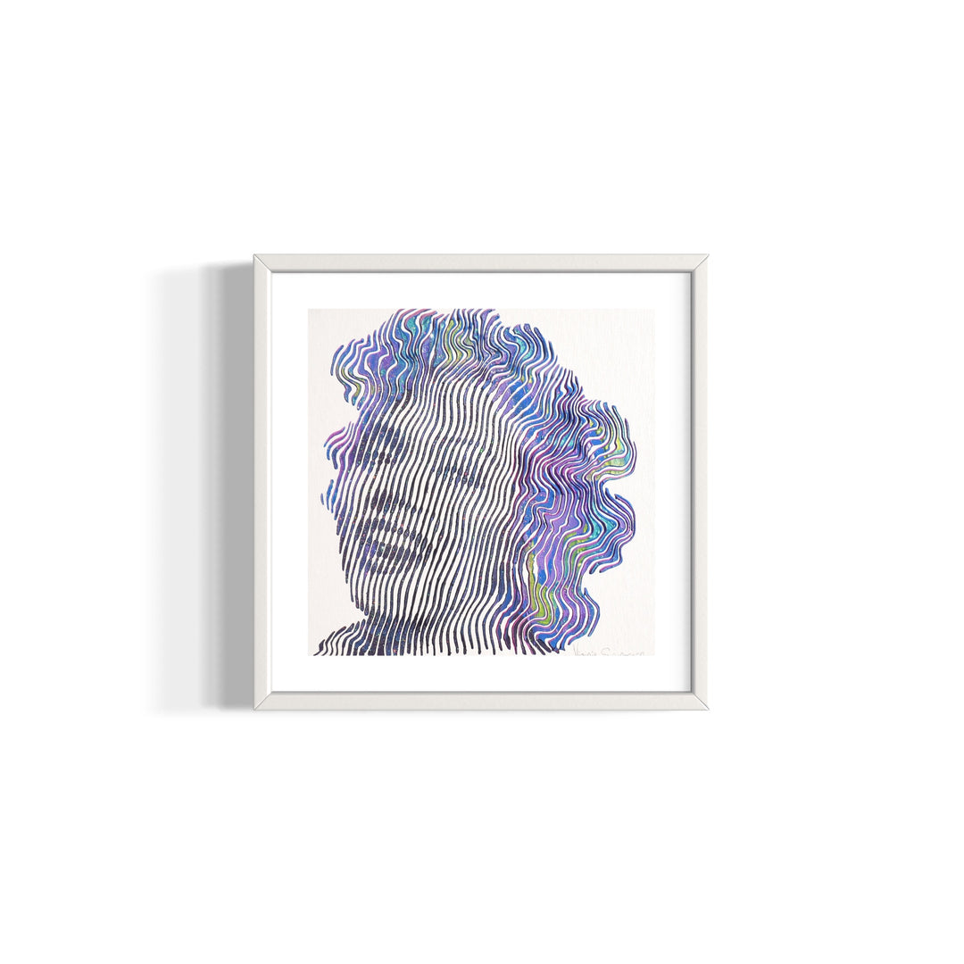 Marilyn Monroe smiling portrait figurative woman in blue green and purple vertical and squiggly lines on white background