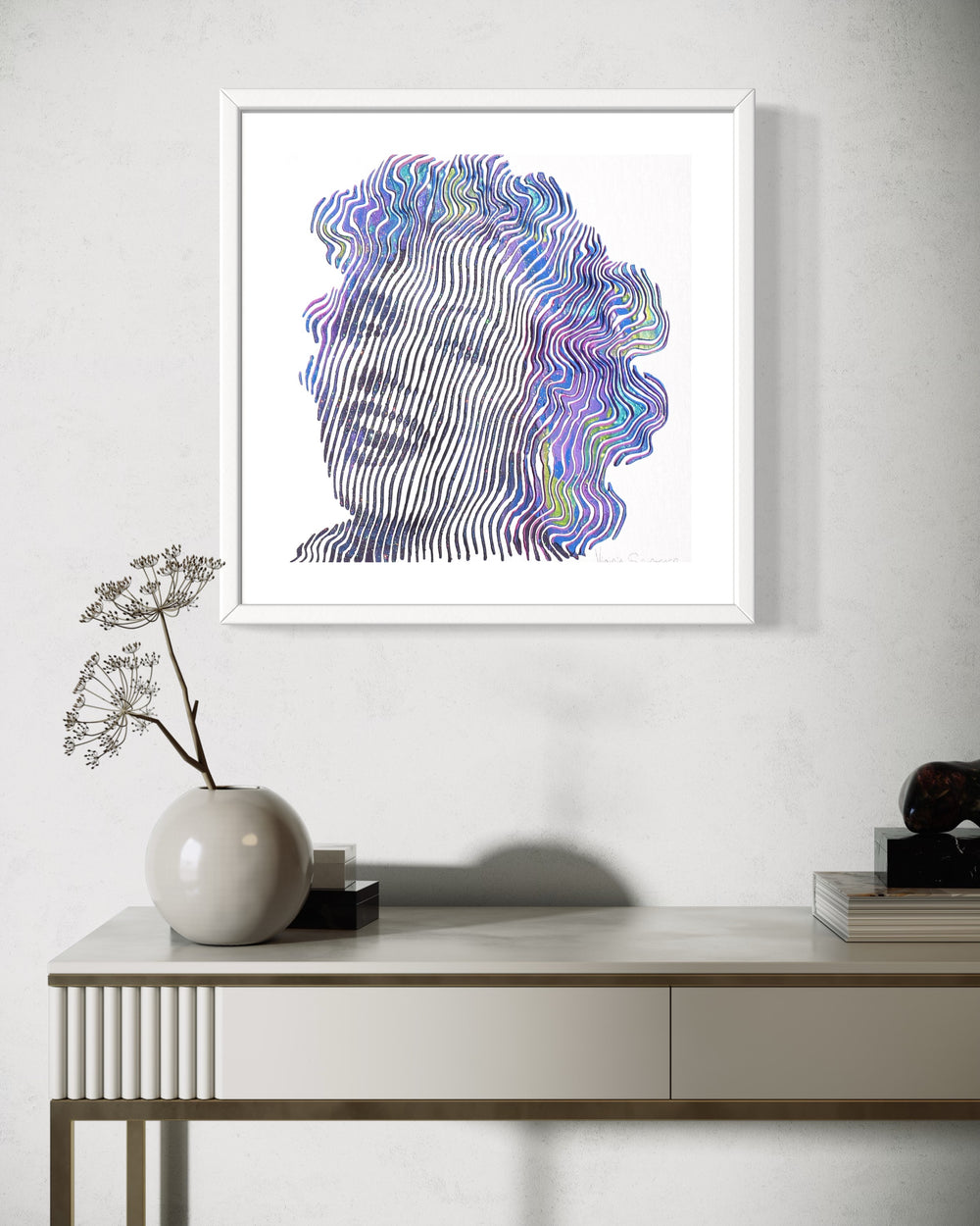 Marilyn Monroe smiling portrait figurative woman in blue green and purple vertical and squiggly lines on white background