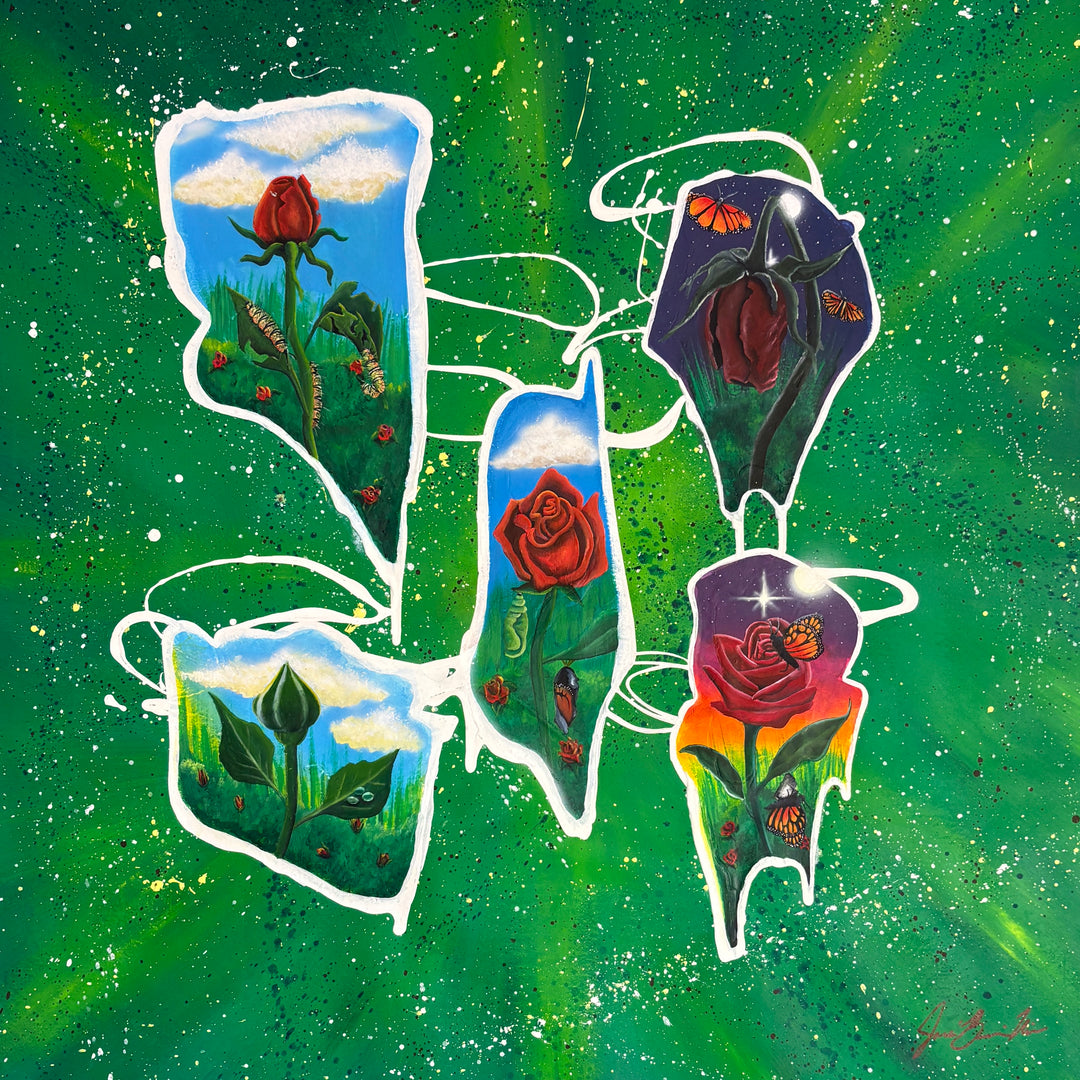 abstract organic shape paint splatter rose flower caterpillar butterfly metamorphosis in green and red