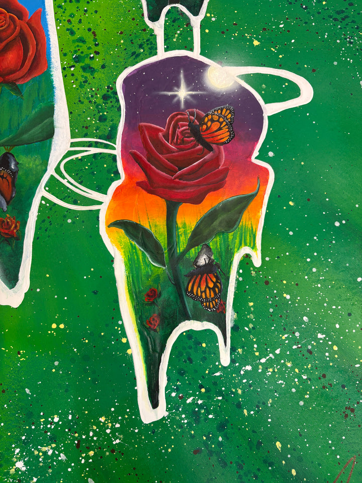 abstract organic shape paint splatter rose flower caterpillar butterfly metamorphosis in green and red