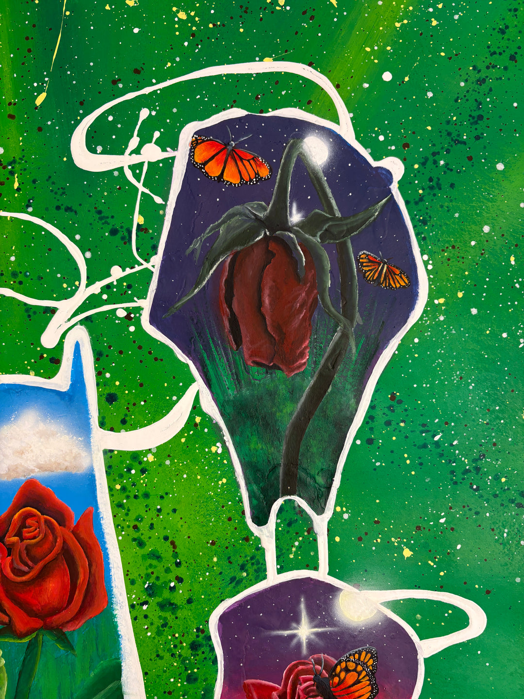 abstract organic shape paint splatter rose flower caterpillar butterfly metamorphosis in green and red