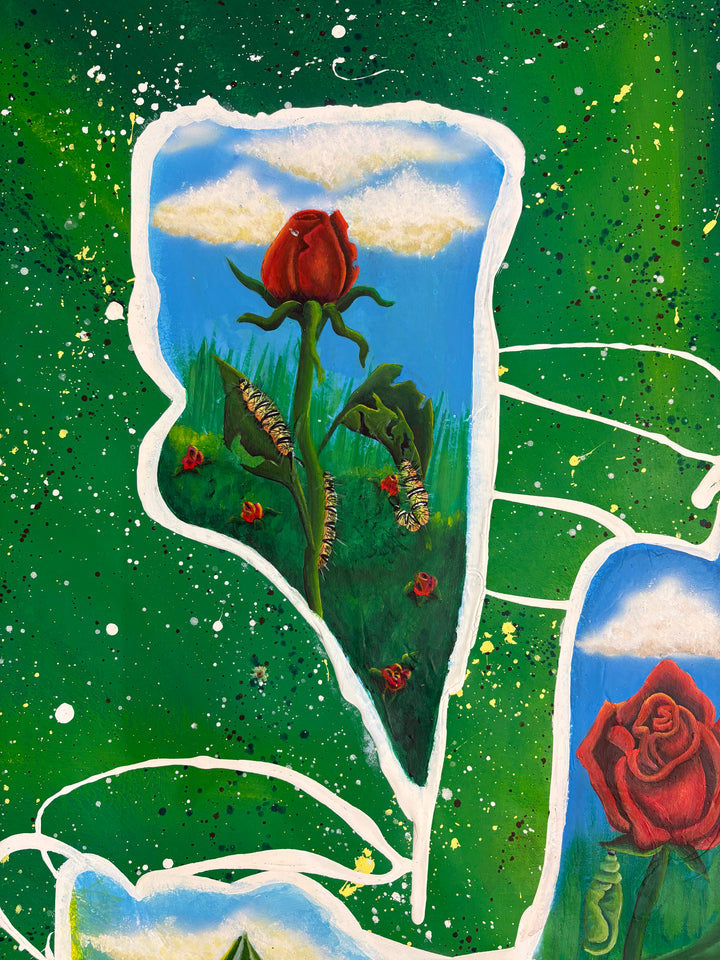 abstract organic shape paint splatter rose flower caterpillar butterfly metamorphosis in green and red