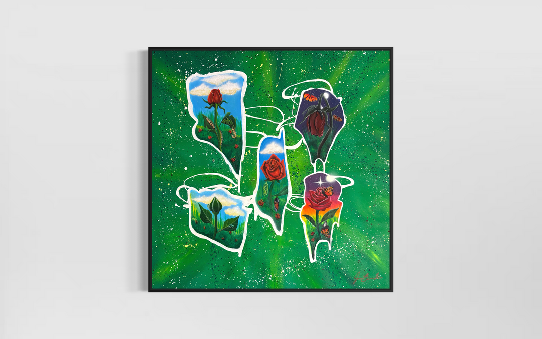 abstract organic shape paint splatter rose flower caterpillar butterfly metamorphosis in green and red
