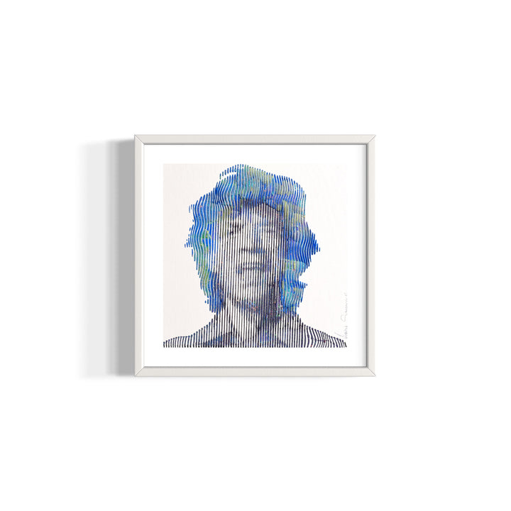 Mick Jagger front portrait figurative painting vertical lines in blue and green