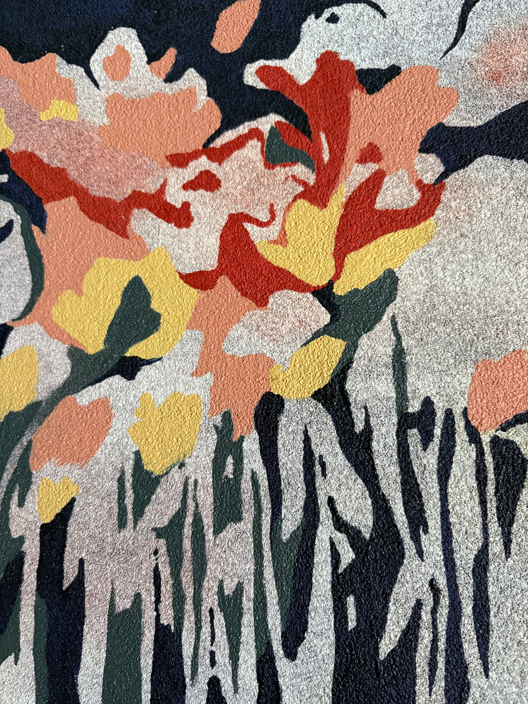 Abstract organic pumice painting in oil paint by local female artist floral landscape natural shapes textures abstracted negative space line weight gradient of color blues greens and red yellow petal shapes