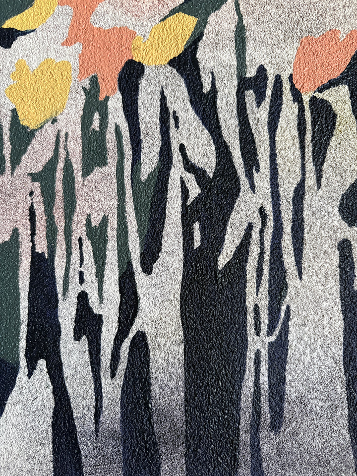 Abstract organic pumice painting in oil paint by local female artist floral landscape natural shapes textures abstracted negative space line weight gradient of color blues greens and red yellow petal shapes