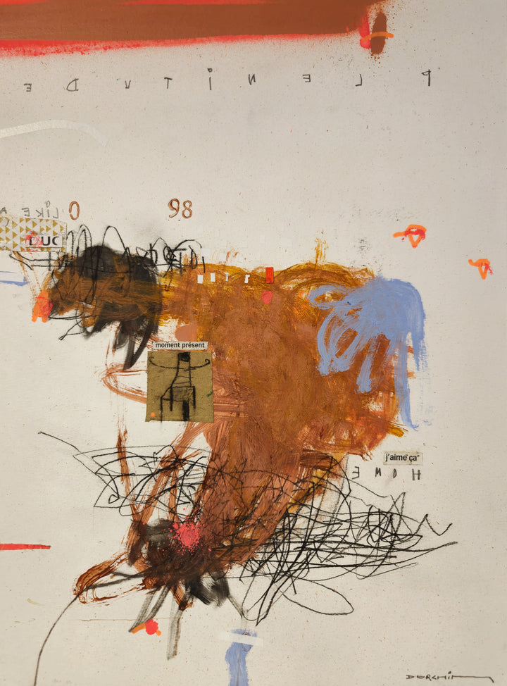 Abstract mixed media artwork on paper by Laurent Dorchin in brown, blue, black and white. Organic linework and minimal illustrations with collage and text elements.
