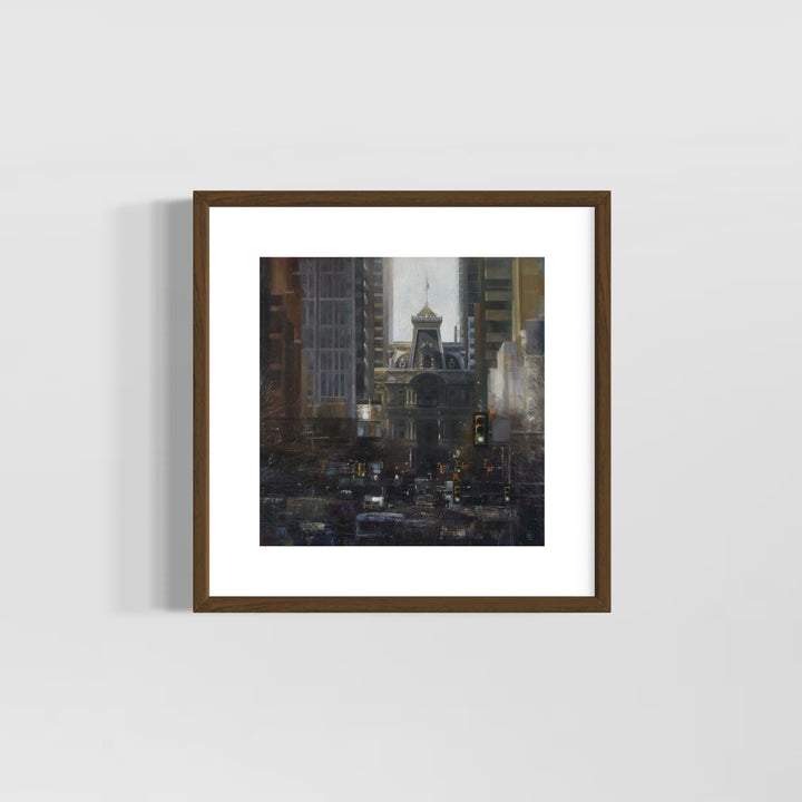 broad street center city downtown phildelphia landscape traffic street scene abstract realism grey muted tones in oil paint