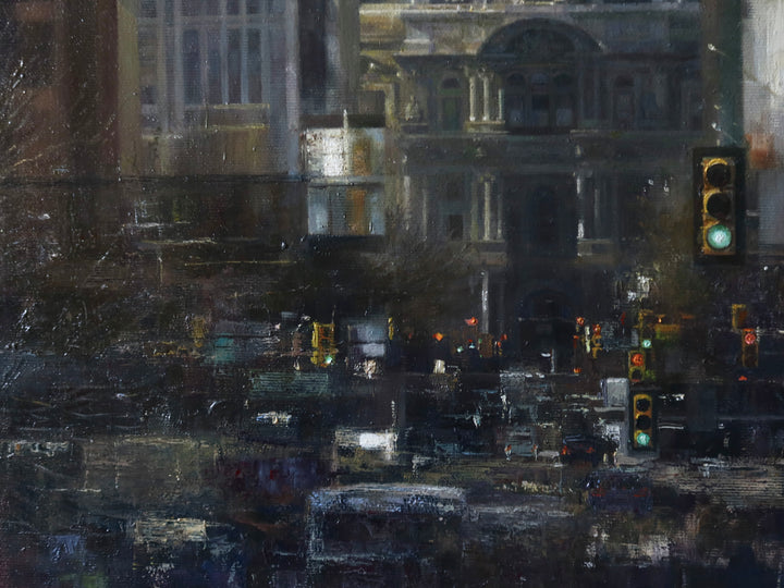 broad street center city downtown phildelphia landscape traffic street scene abstract realism grey muted tones in oil paint