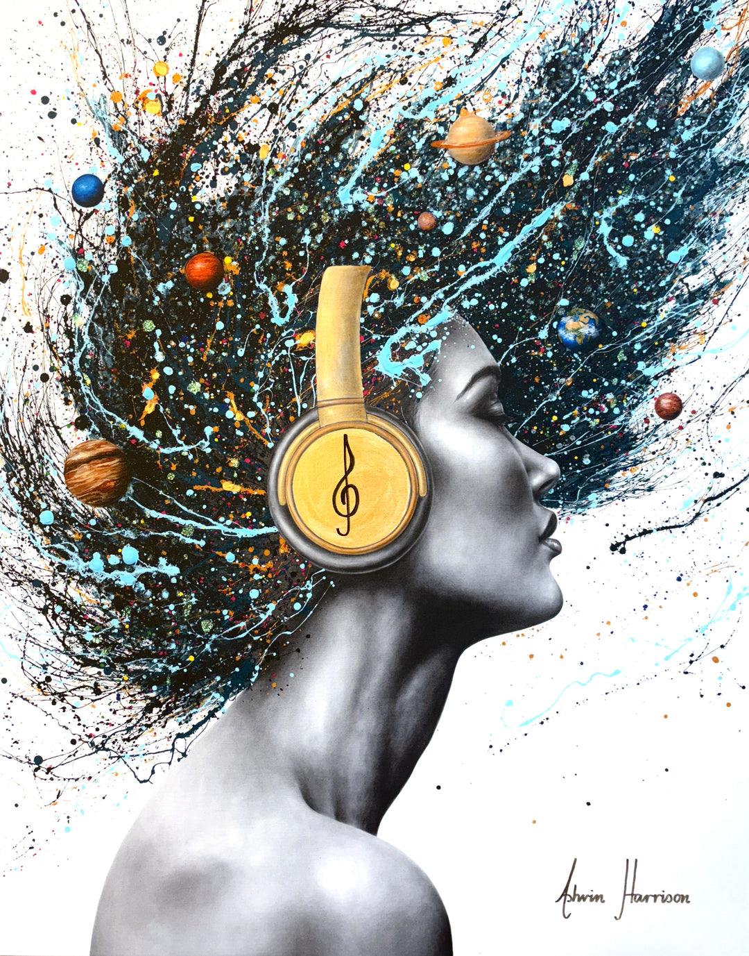 realistic woman flipping hair with headphones musical splatter expressionist painting portrait black and white planets blue on white background