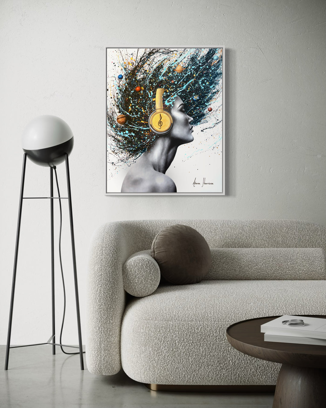 realistic woman flipping hair with headphones musical splatter expressionist painting portrait black and white planets blue on white background