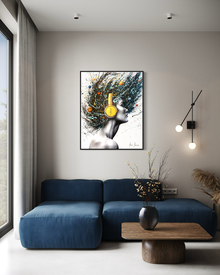 realistic woman flipping hair with headphones musical splatter expressionist painting portrait black and white planets blue on white background
