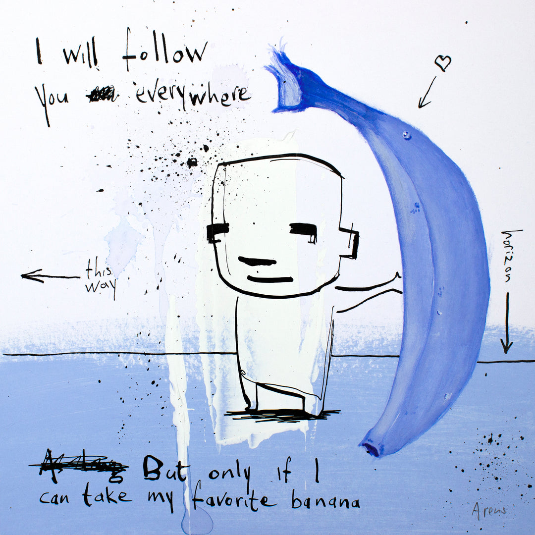 doodle sketch figure holding a large life size blue banana with handwritten text, ink splatter and paint on a blue and white background