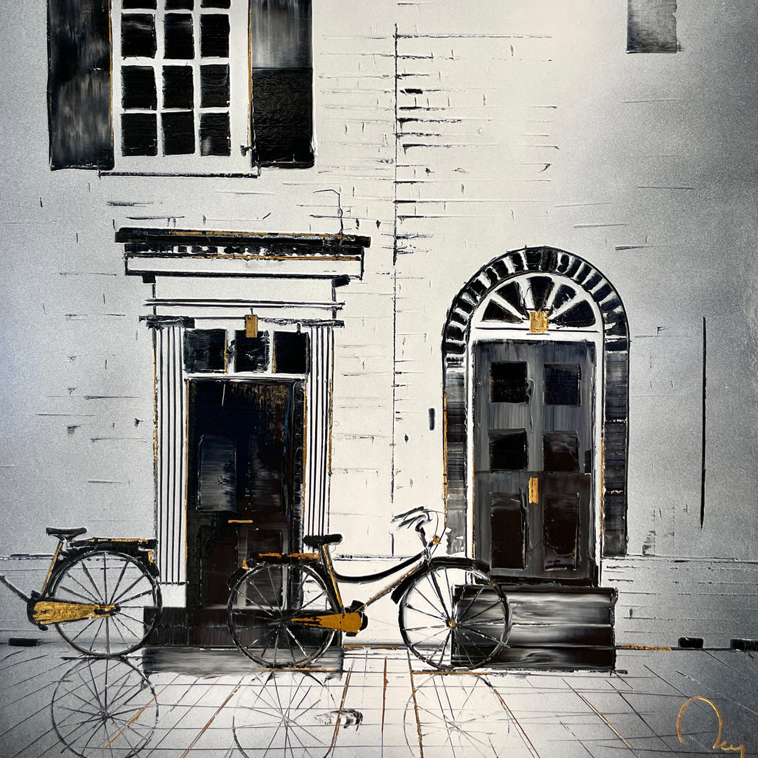 front door step home and bike on sidewalk 