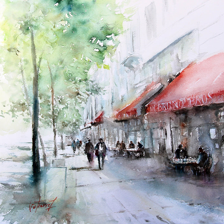 sidewalk scene in washy watercolor of people walking and trees, outside of Di Bruno Bros grocery in Philadelphia near Rittenhouse Square Park