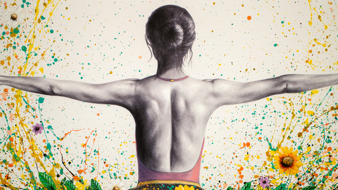 ballerina in black and white against white background with paint splatter tut in green with pink white and yellow flowers 