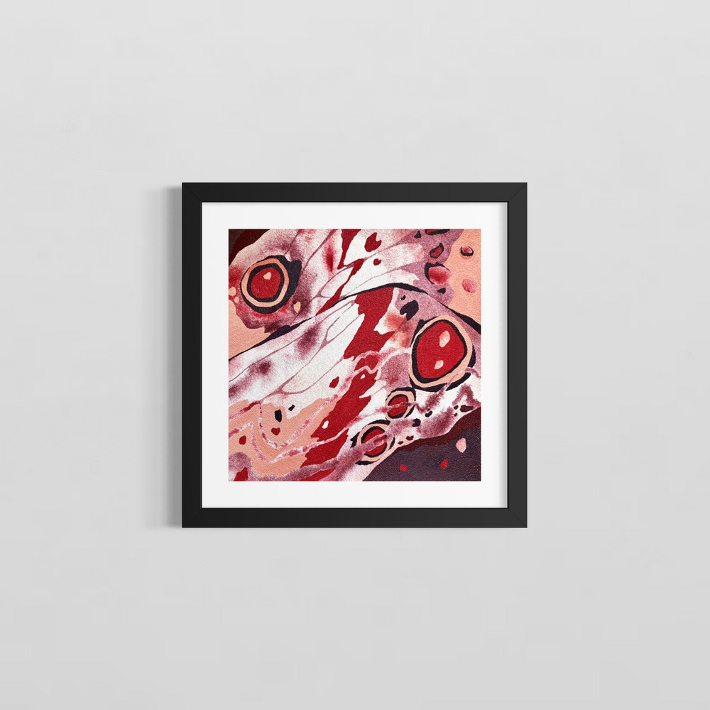 Nocturnal by Erin Touey framed in a black frame with white window matting, showing the deep red and maroon abstract oil painting