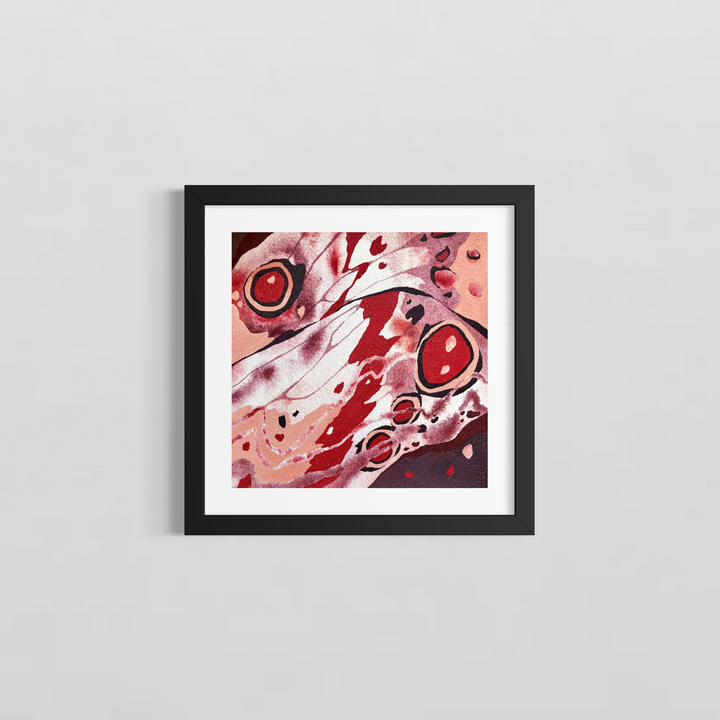 Nocturnal by Erin Touey framed in a black frame with white window matting, showing the deep red and maroon abstract oil painting