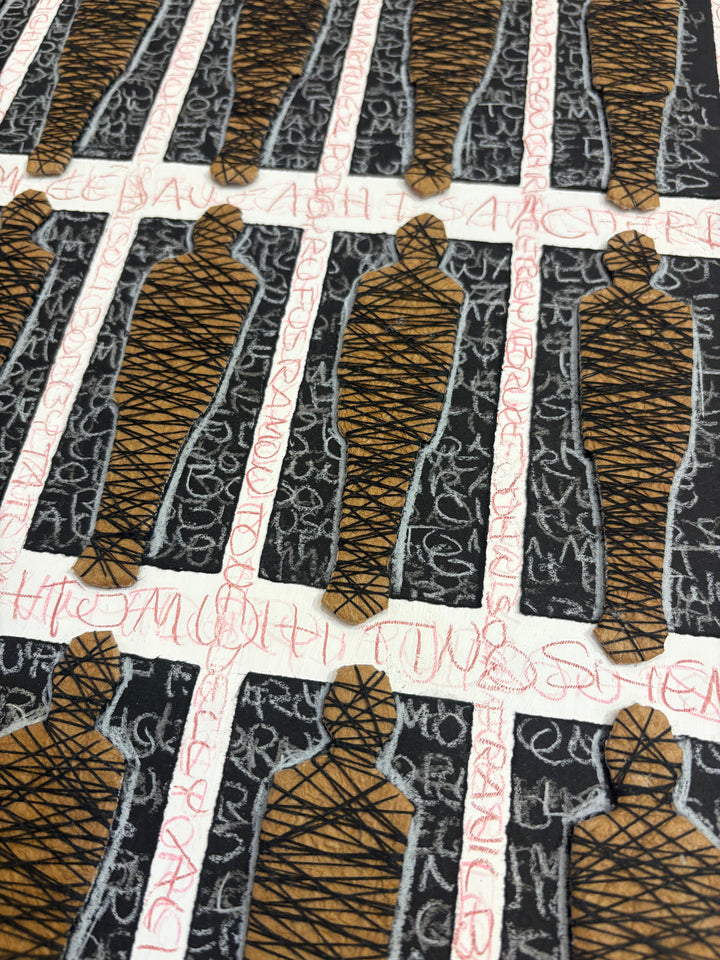 24 figures in grid form mixed media tied in string constraint black square boxes and red scribble writing names text around border on white background