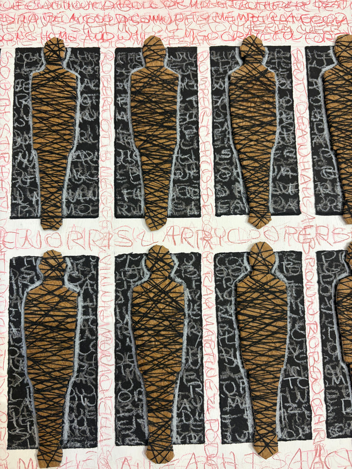 24 figures in grid form mixed media tied in string constraint black square boxes and red scribble writing names text around border on white background