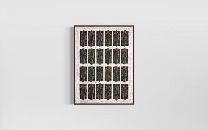24 figures in grid form mixed media tied in string constraint black square boxes and red scribble writing names text around border on white background