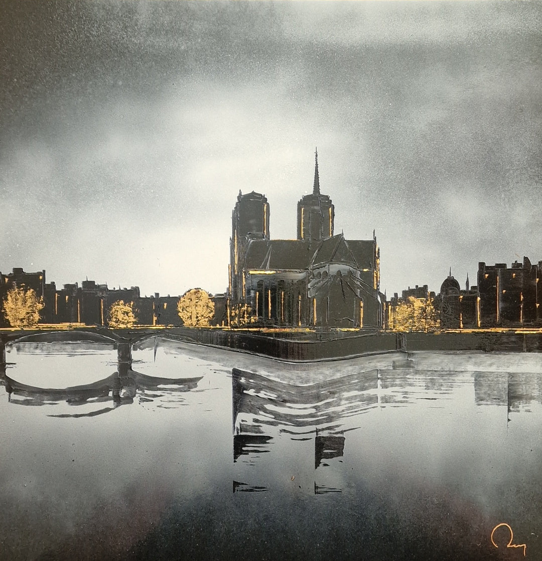 notre dame paris grey white black gold leaf landscape silhouette cloudy reflection water lacquer