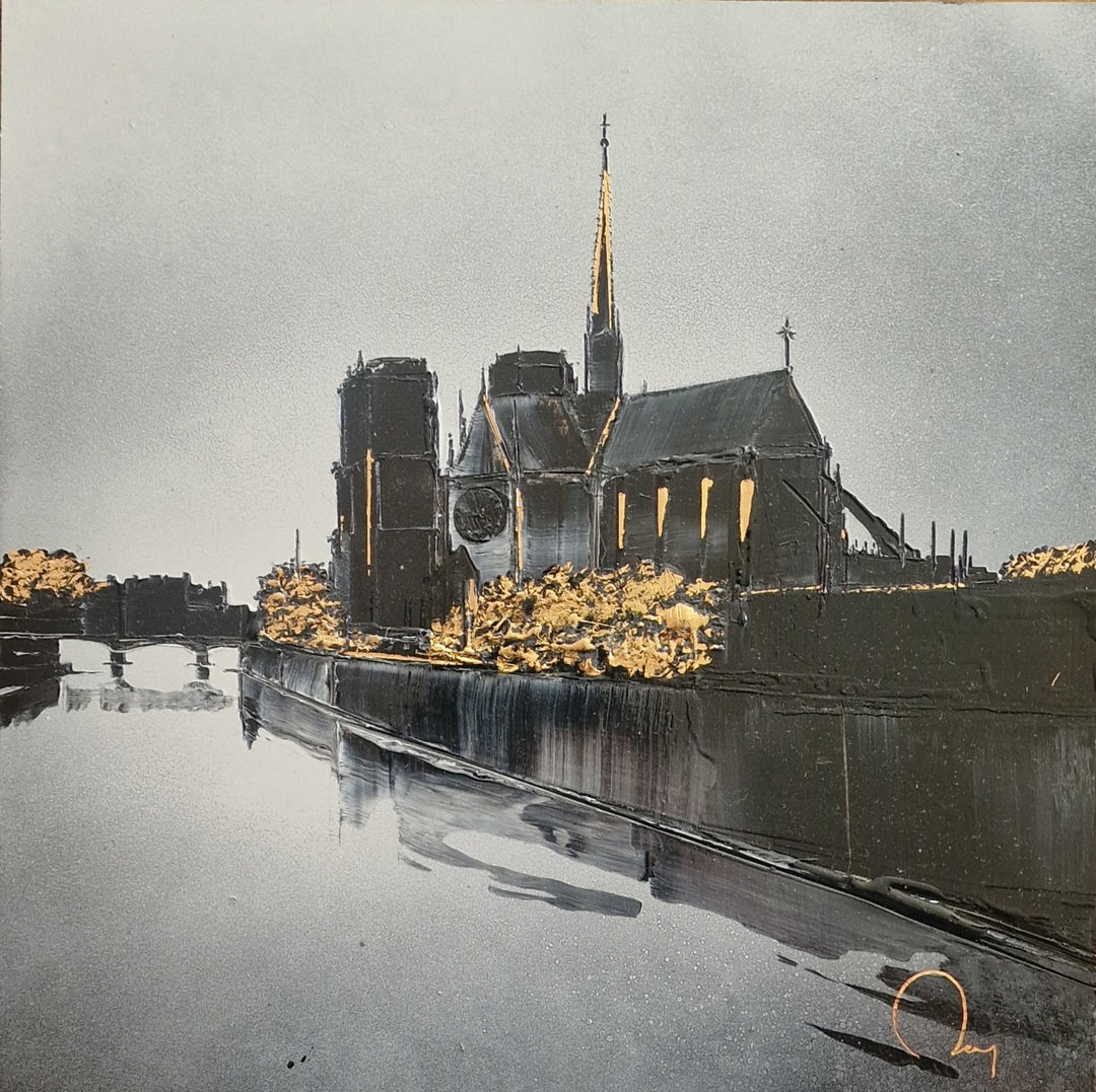 greyscale landscape black white gold leaf foil notre dame paris france on the water reflection 