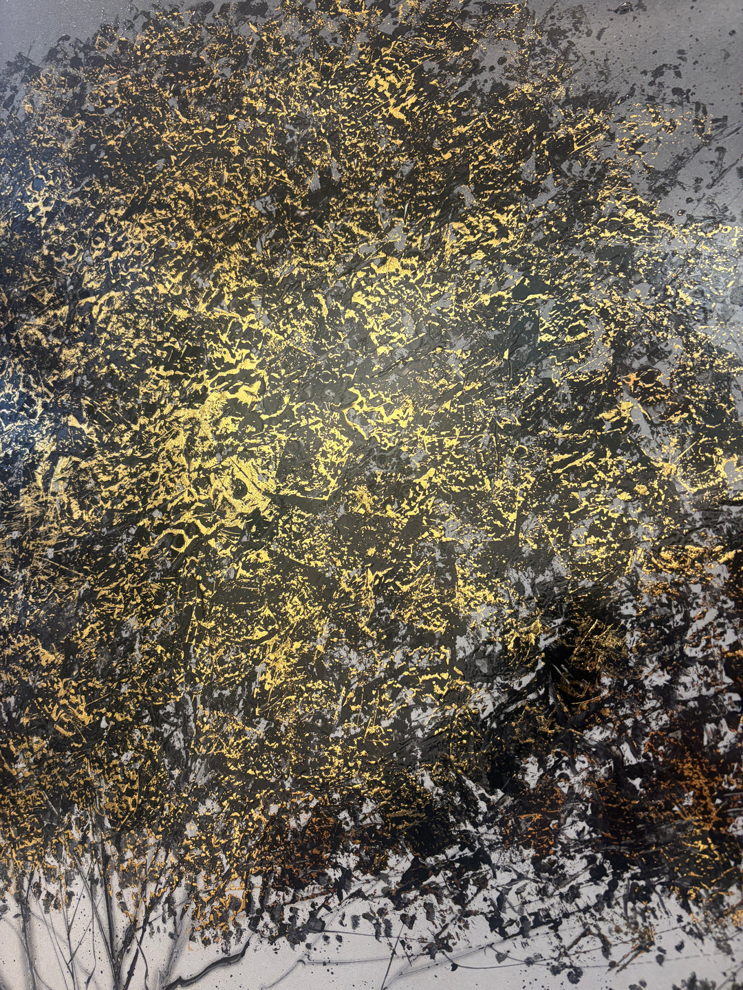 minimal tree in black white and grey lacquer with gold leaf detail accenting leafs light reflection trunk on smooth gradient background