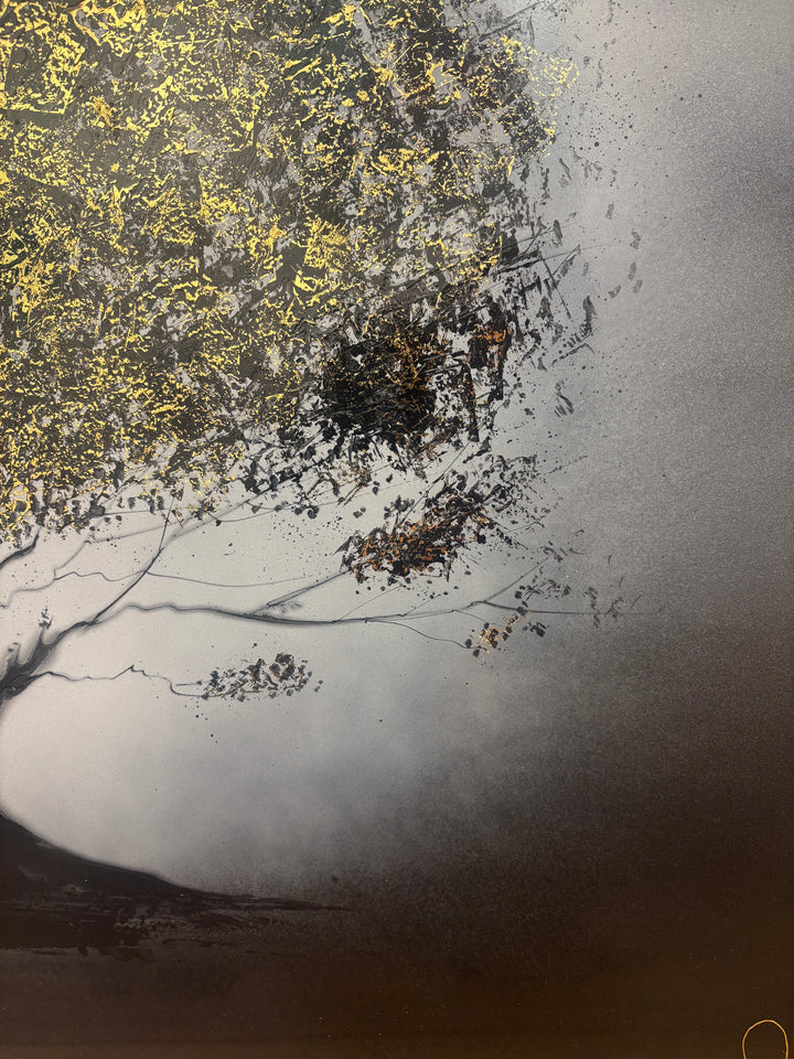 minimal tree in black white and grey lacquer with gold leaf detail accenting leafs light reflection trunk on smooth gradient background