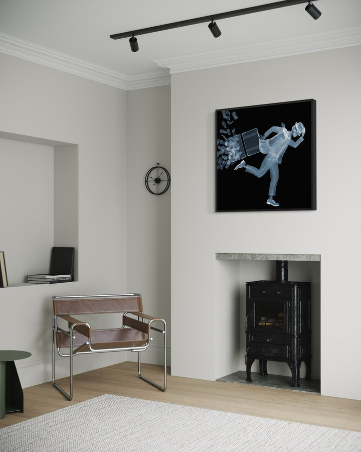Framed Chromaluxe black and white x-ray photograph by Nick Veasey of a skeleton man in a fedora and suit running against the wind as his briefcase full of cash opens and the money blows away