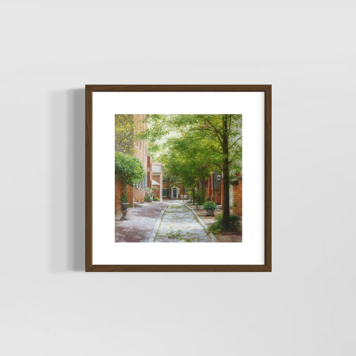 summer day shadows poking through trees philadelphia red brick stone alley way green trees and bushes potted plants in oil landscape painting