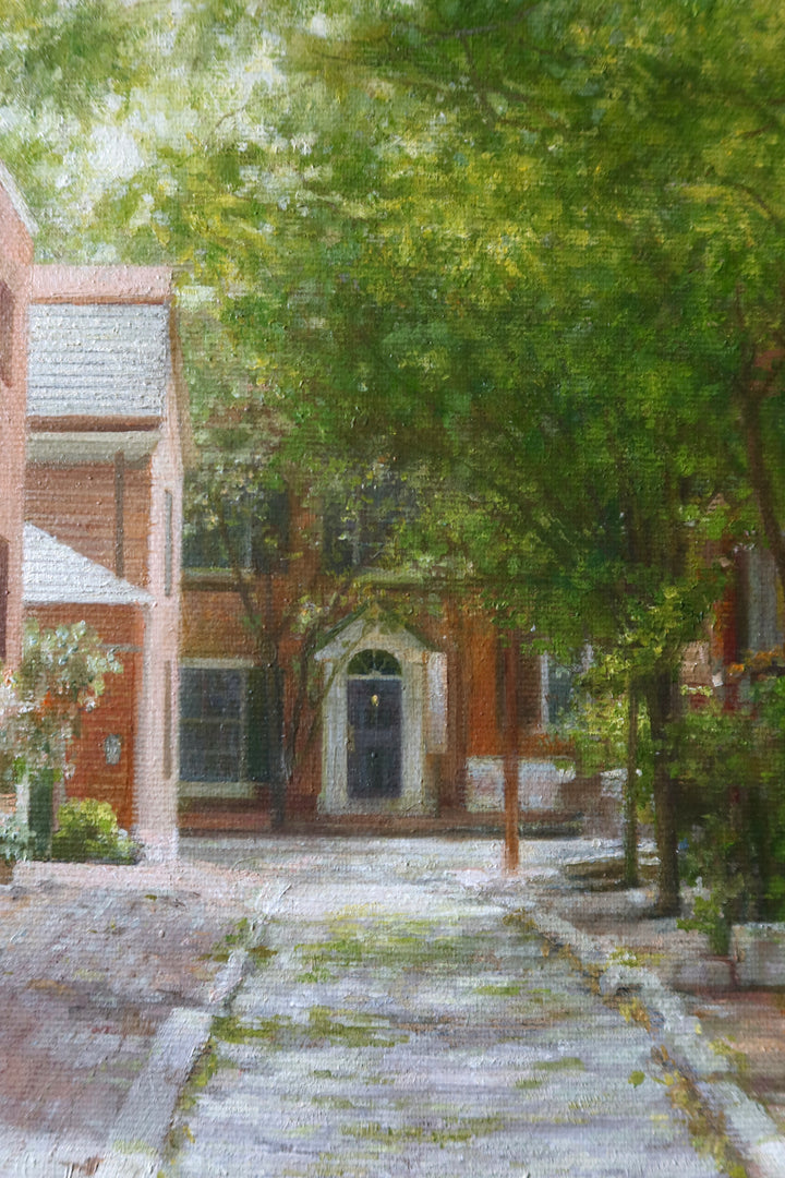 summer day shadows poking through trees philadelphia red brick stone alley way green trees and bushes potted plants in oil landscape painting