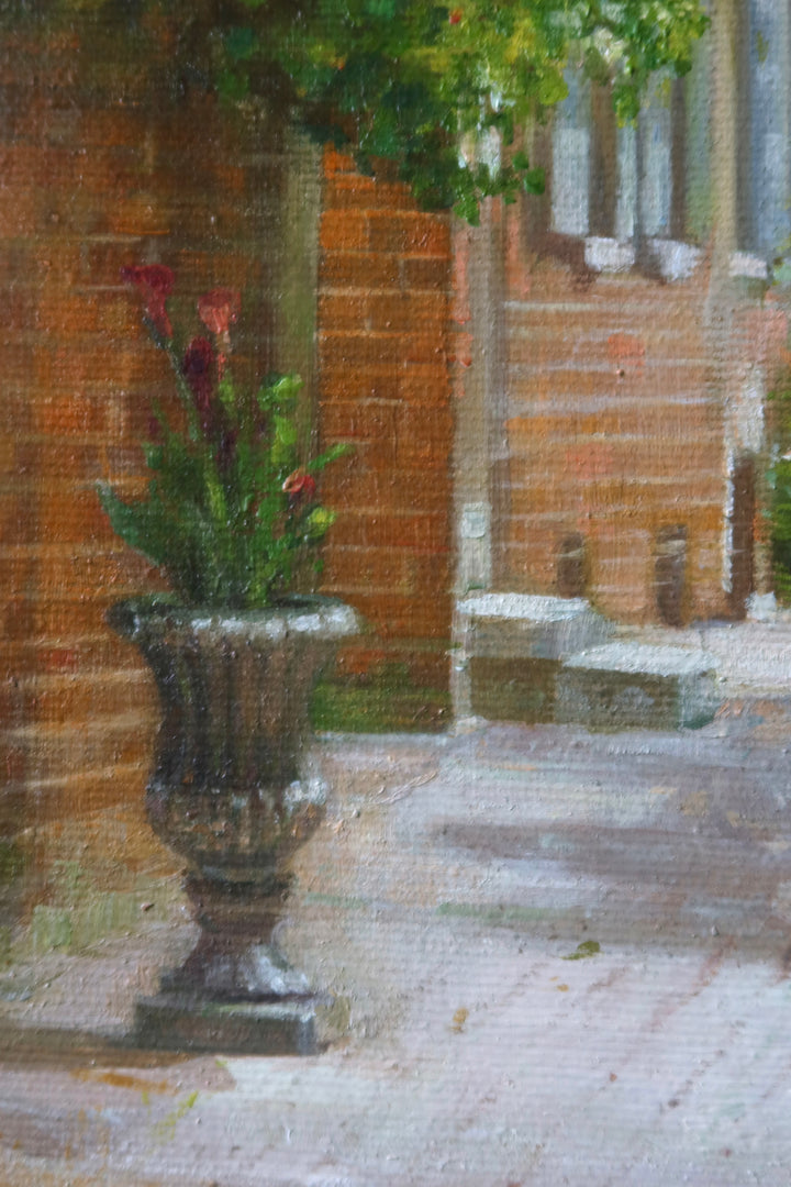 summer day shadows poking through trees philadelphia red brick stone alley way green trees and bushes potted plants in oil landscape painting