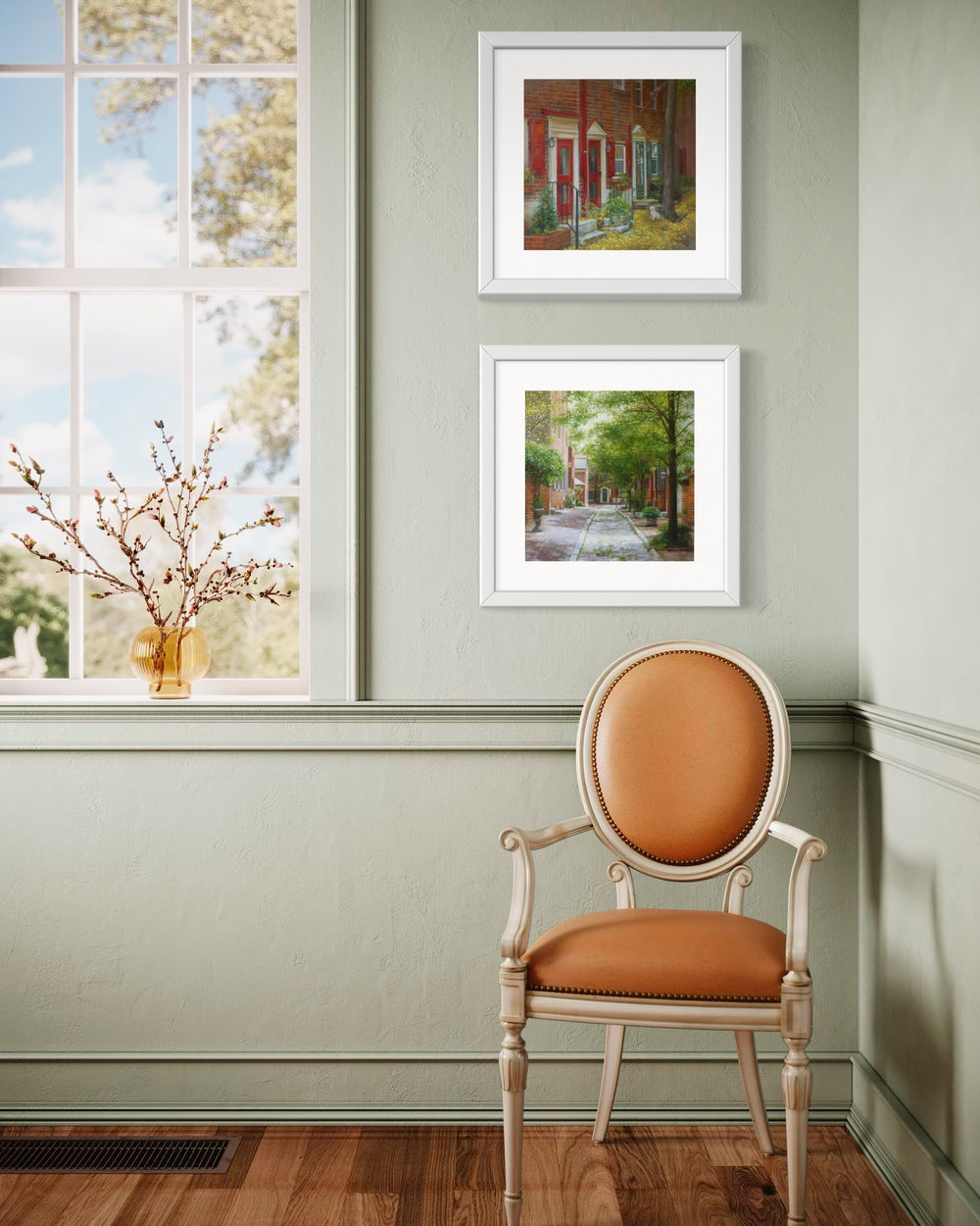 Philadelphia red brick rowhomes with red doors and railings, potted plants, yellow fall leaves on the round and a white dog in oil paint nature landscape urban